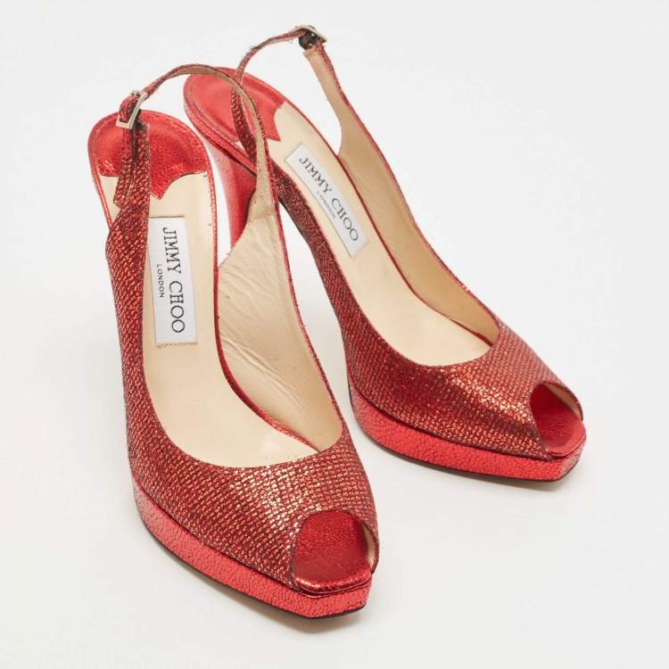 Pre Owned Jimmy Choo Red Glitter and Lame Leather Slingback Pumps Size 39 