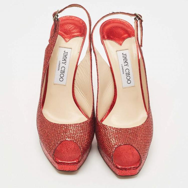 Pre Owned Jimmy Choo Red Glitter and Lame Leather Slingback Pumps Size 39 