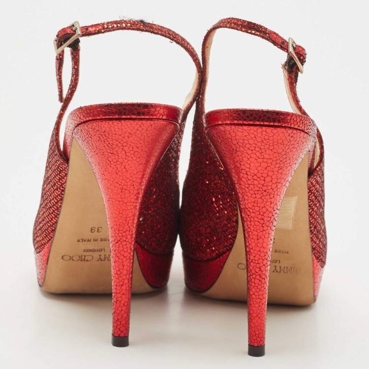 Pre Owned Jimmy Choo Red Glitter and Lame Leather Slingback Pumps Size 39 