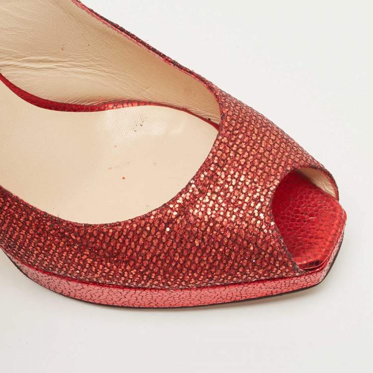 Pre Owned Jimmy Choo Red Glitter and Lame Leather Slingback Pumps Size 39 