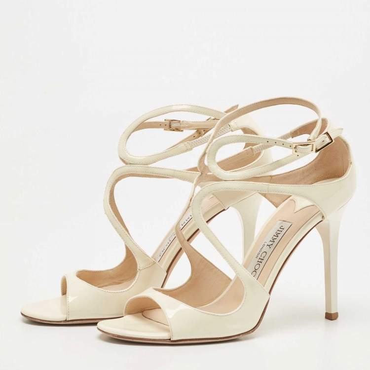 Pre Owned Jimmy Choo Cream Patent Leather Lang  Ankle Sandals Size 38