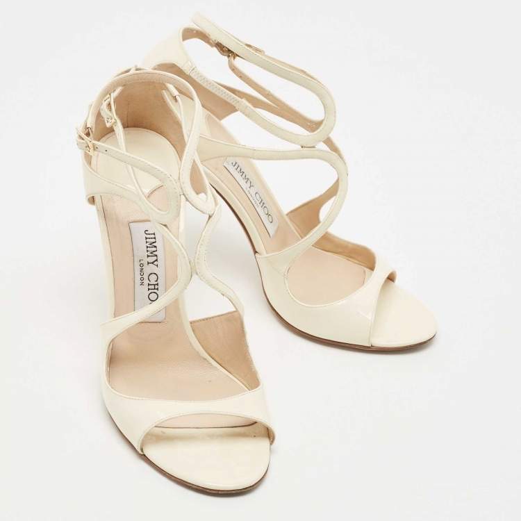Pre Owned Jimmy Choo Cream Patent Leather Lang  Ankle Sandals Size 38