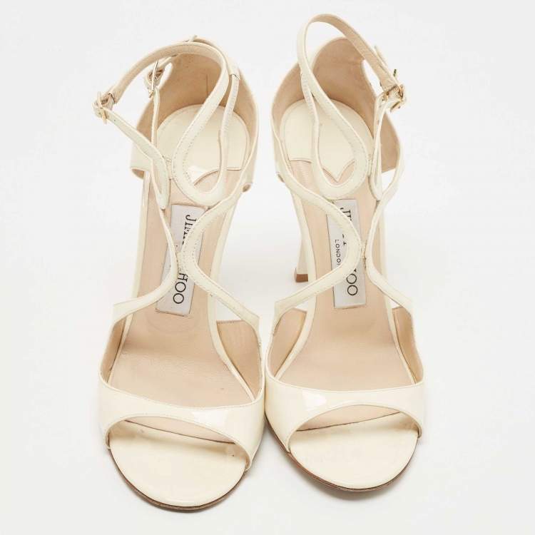 Pre Owned Jimmy Choo Cream Patent Leather Lang  Ankle Sandals Size 38