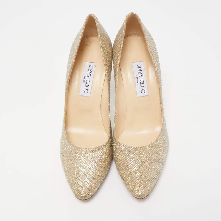 Pre Owned Jimmy Choo Gold Glitter Fabric Romy Pointed Toe Pumps Size 41