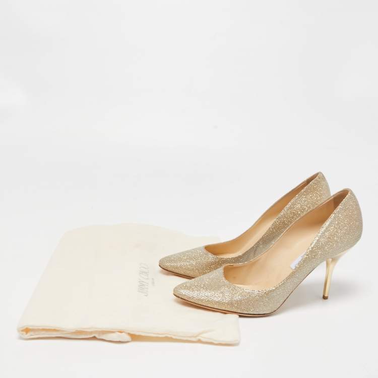 Pre Owned Jimmy Choo Gold Glitter Fabric Romy Pointed Toe Pumps Size 41