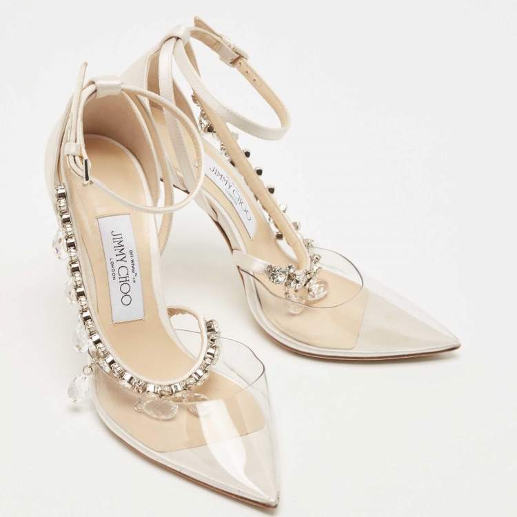 مملوكة مسبقًا Off-White x Jimmy Choo White/Transparent Satin and PVC Victoria Crystal Embellished Pumps Size 36.5