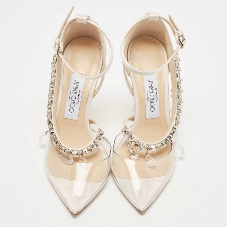 مملوكة مسبقًا Off-White x Jimmy Choo White/Transparent Satin and PVC Victoria Crystal Embellished Pumps Size 36.5