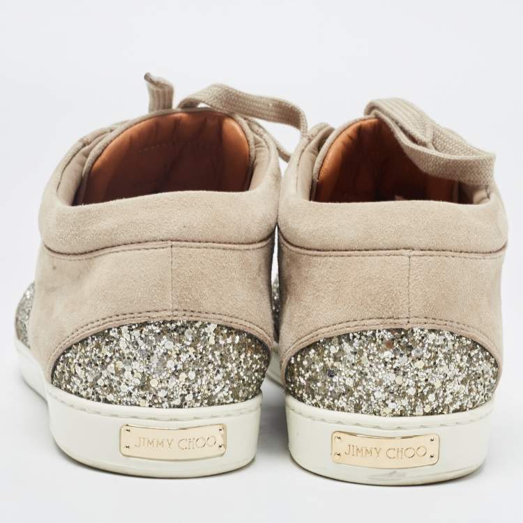 مملوكة مسبقًا Jimmy Choo Brown/Gold Suede and Coarse Glitter Miami Sneakers Size 38