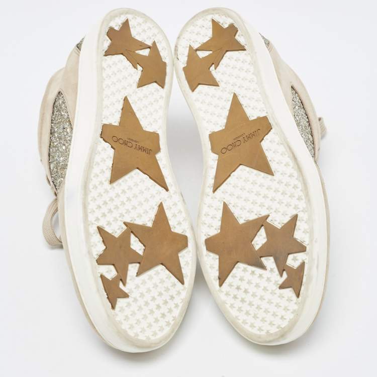 مملوكة مسبقًا Jimmy Choo Brown/Gold Suede and Coarse Glitter Miami Sneakers Size 38