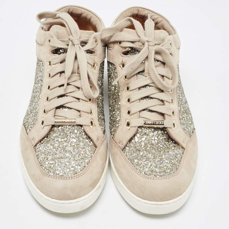 مملوكة مسبقًا Jimmy Choo Brown/Gold Suede and Coarse Glitter Miami Sneakers Size 38