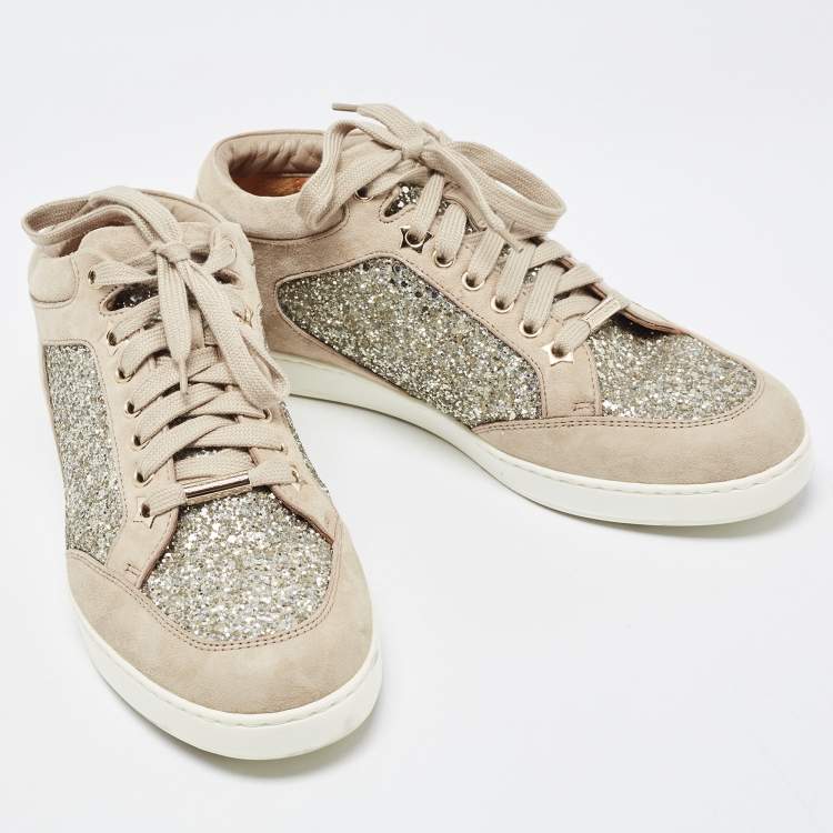 مملوكة مسبقًا Jimmy Choo Brown/Gold Suede and Coarse Glitter Miami Sneakers Size 38