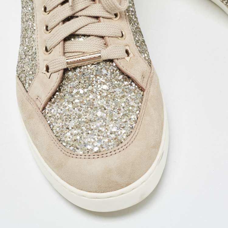 مملوكة مسبقًا Jimmy Choo Brown/Gold Suede and Coarse Glitter Miami Sneakers Size 38