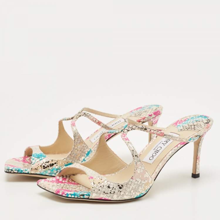 Pre Owned Jimmy Choo Multicolor Python Embossed Leather Slide Sandals Size 37.5