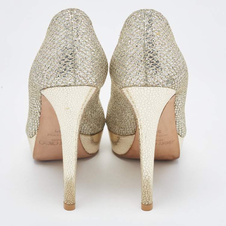 مملوكة مسبقًا Jimmy Choo Metallic Silver Glitter Peep Toe Dahlia Pumps Size 38