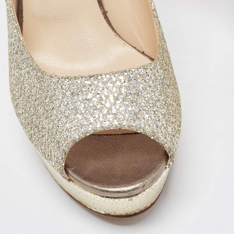 مملوكة مسبقًا Jimmy Choo Metallic Silver Glitter Peep Toe Dahlia Pumps Size 38