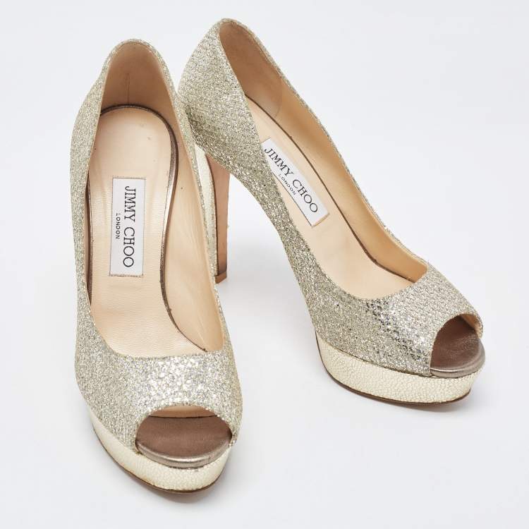 مملوكة مسبقًا Jimmy Choo Metallic Silver Glitter Peep Toe Dahlia Pumps Size 38