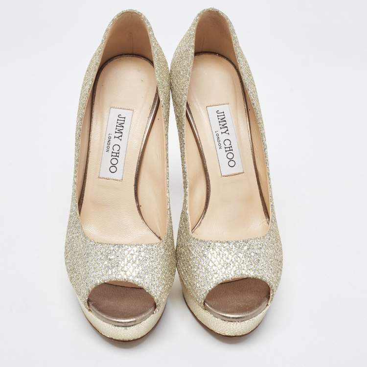 مملوكة مسبقًا Jimmy Choo Metallic Silver Glitter Peep Toe Dahlia Pumps Size 38