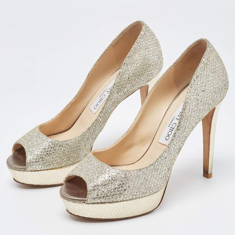 مملوكة مسبقًا Jimmy Choo Metallic Silver Glitter Peep Toe Dahlia Pumps Size 38
