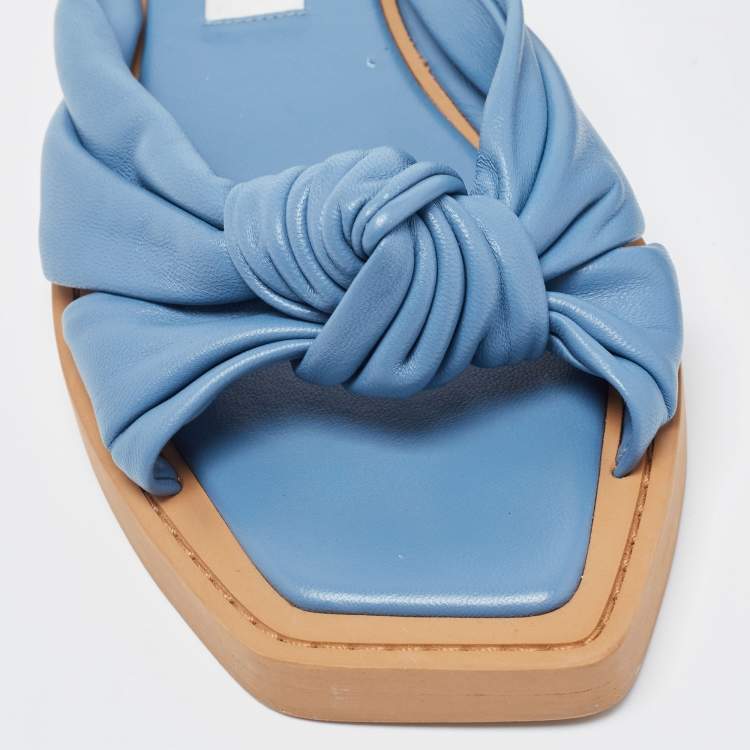 Pre Owned Jimmy Choo Navy Blue Leather Bow Flat Slides Size 36