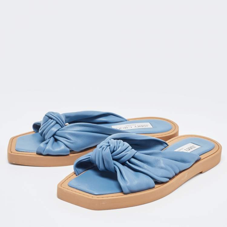 Pre Owned Jimmy Choo Navy Blue Leather Bow Flat Slides Size 36