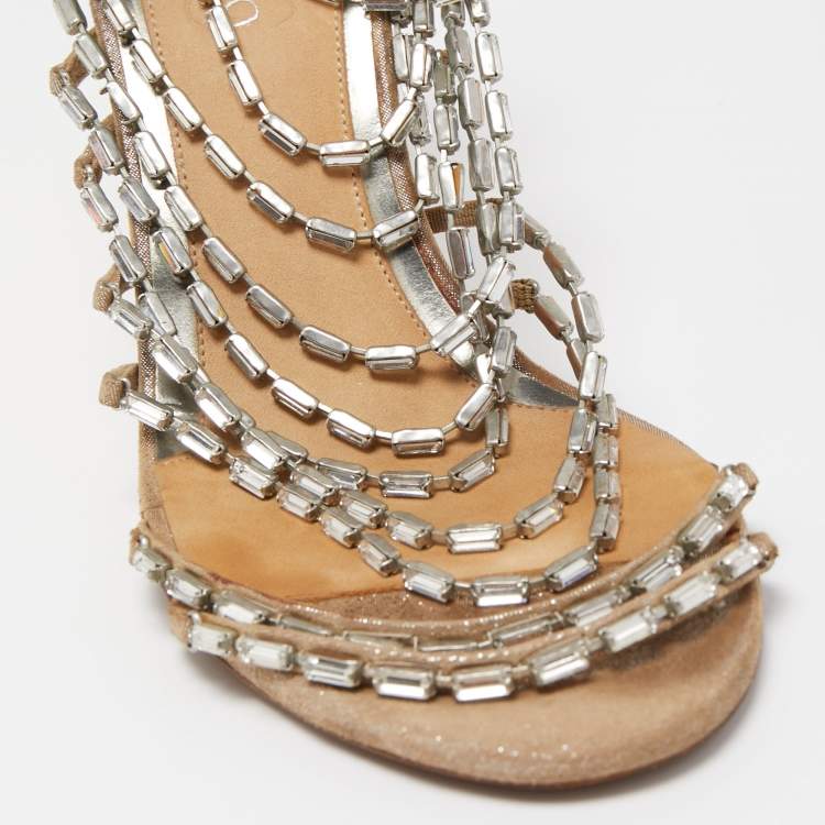 Pre Owned Jimmy Choo Silver Texure Suede Crystal Embellished Strappy Sandals Size 38