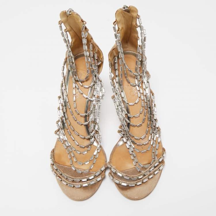Pre Owned Jimmy Choo Silver Texure Suede Crystal Embellished Strappy Sandals Size 38