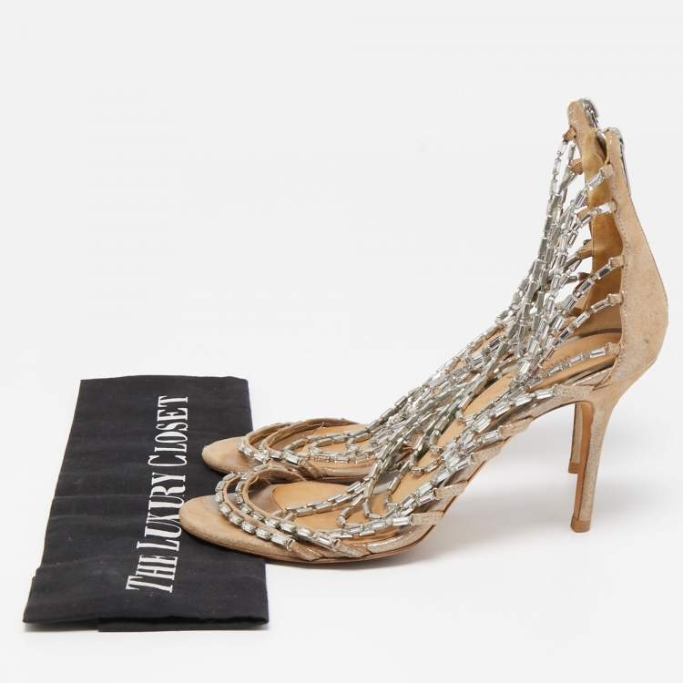 Pre Owned Jimmy Choo Silver Texure Suede Crystal Embellished Strappy Sandals Size 38