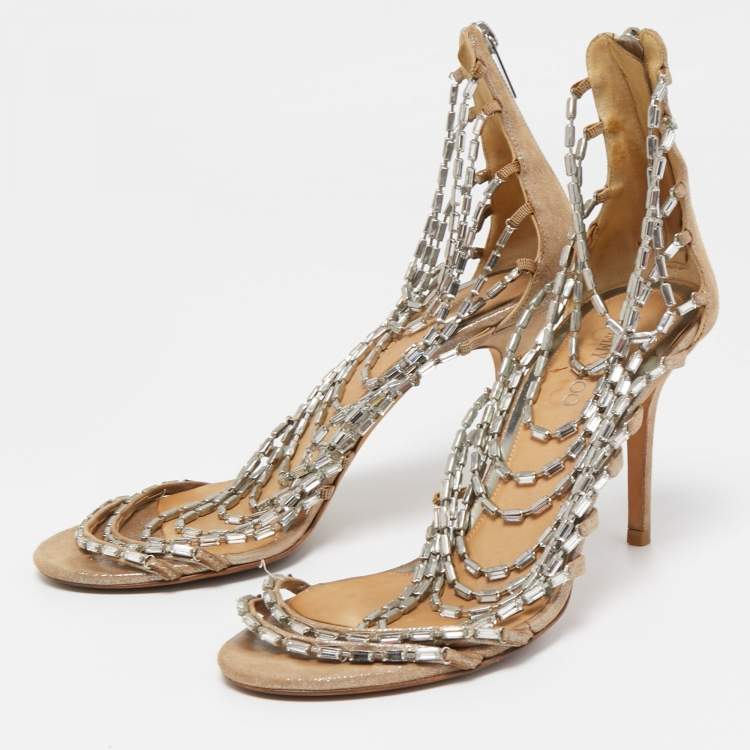 Pre Owned Jimmy Choo Silver Texure Suede Crystal Embellished Strappy Sandals Size 38