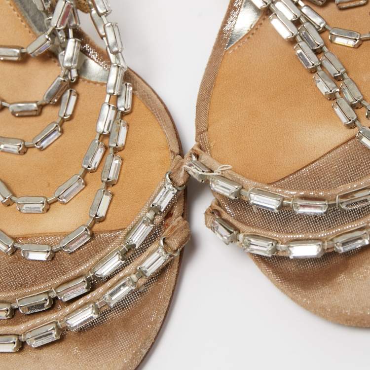 Pre Owned Jimmy Choo Silver Texure Suede Crystal Embellished Strappy Sandals Size 38