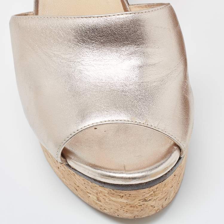 Pre Owned Jimmy Choo Metallic Silver Leather Cork Heel Sandals Size 39.5