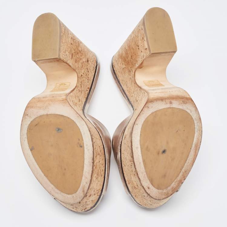 Pre Owned Jimmy Choo Metallic Silver Leather Cork Heel Sandals Size 39.5