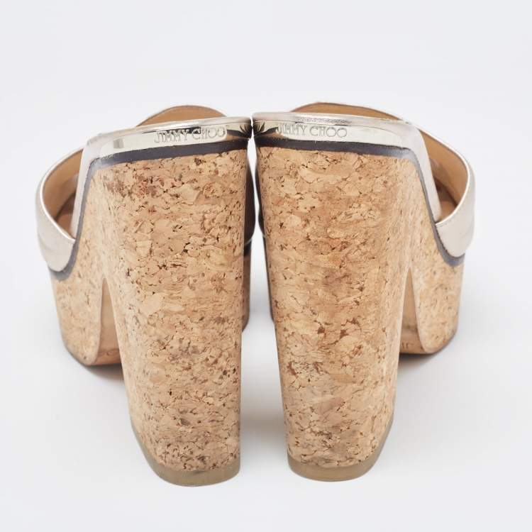 Pre Owned Jimmy Choo Metallic Silver Leather Cork Heel Sandals Size 39.5