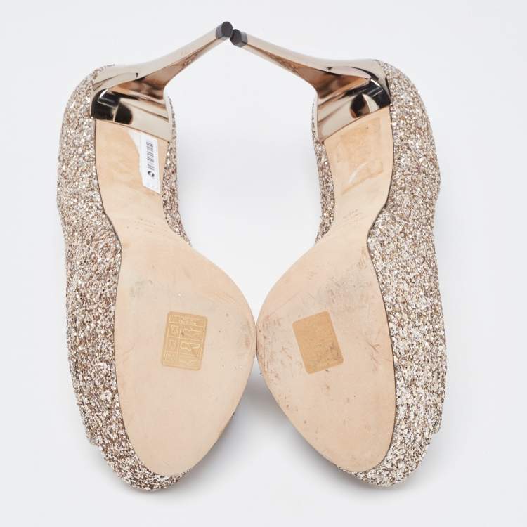 Pre Owned Jimmy Choo Gold Metallic Glitter Crown Peep Toe Pumps 40.5