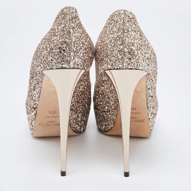 Pre Owned Jimmy Choo Gold Metallic Glitter Crown Peep Toe Pumps 40.5