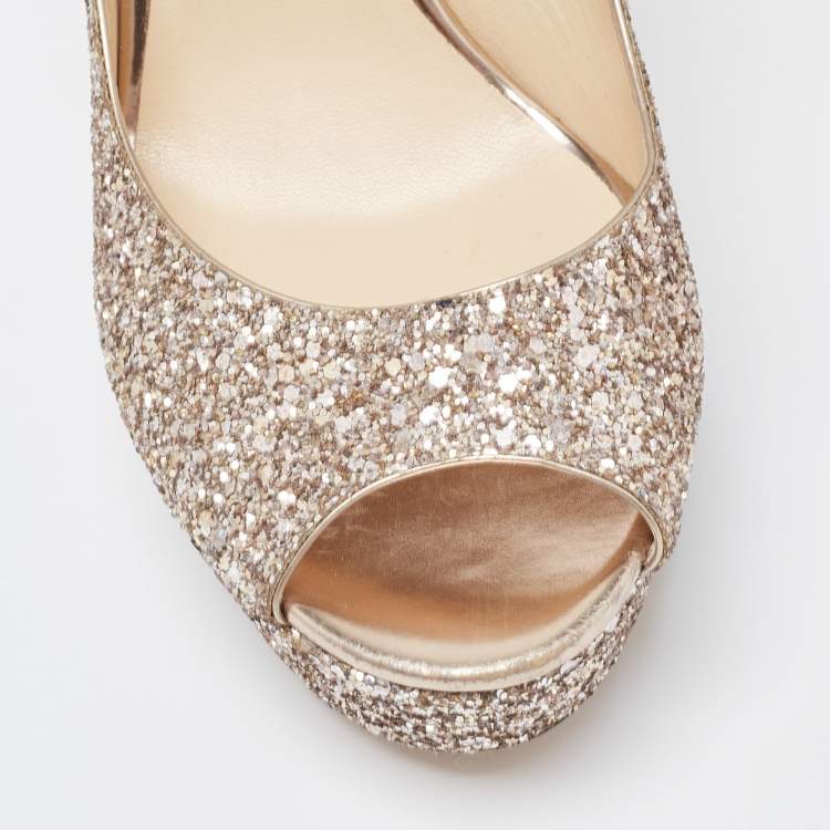 Pre Owned Jimmy Choo Gold Metallic Glitter Crown Peep Toe Pumps 40.5