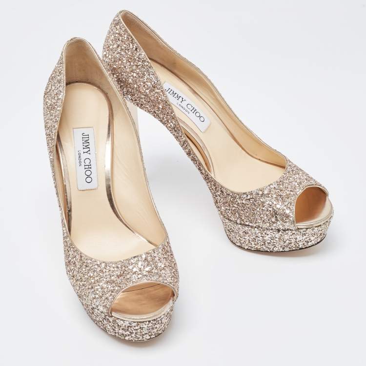 Pre Owned Jimmy Choo Gold Metallic Glitter Crown Peep Toe Pumps 40.5