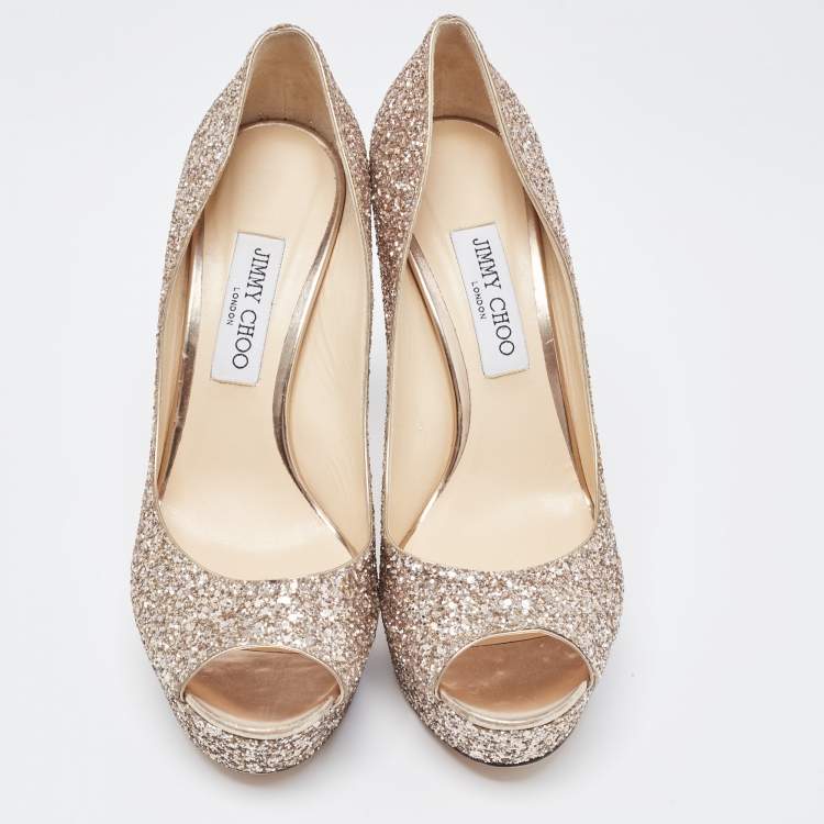 Pre Owned Jimmy Choo Gold Metallic Glitter Crown Peep Toe Pumps 40.5