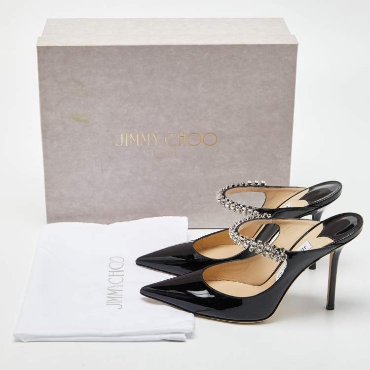 Pre Owned Jimmy Choo Black Patent Leather Bing Crystal Embellished Pointed Toe Mules Size 38.5