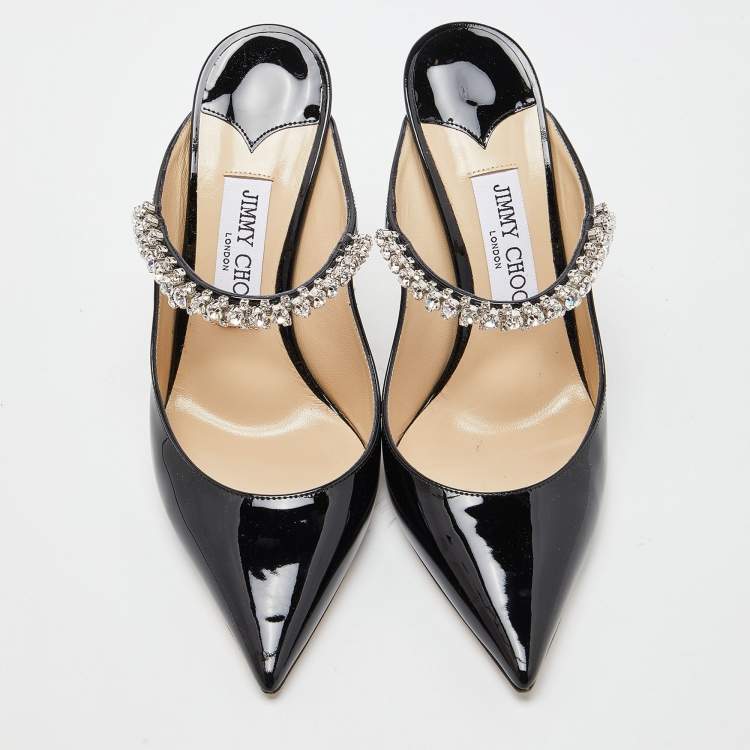 Pre Owned Jimmy Choo Black Patent Leather Bing Crystal Embellished Pointed Toe Mules Size 38.5