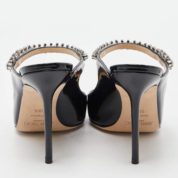 Pre Owned Jimmy Choo Black Patent Leather Bing Crystal Embellished Pointed Toe Mules Size 38.5