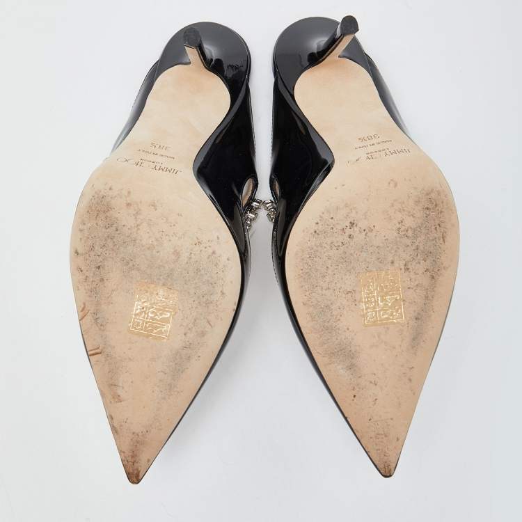 Pre Owned Jimmy Choo Black Patent Leather Bing Crystal Embellished Pointed Toe Mules Size 38.5