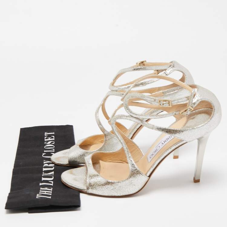 Pre Owned Jimmy Choo Silver Leather Lance  Ankle Strap Sandals Size 40