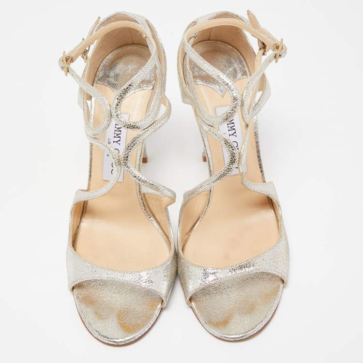 Pre Owned Jimmy Choo Silver Leather Lance  Ankle Strap Sandals Size 40