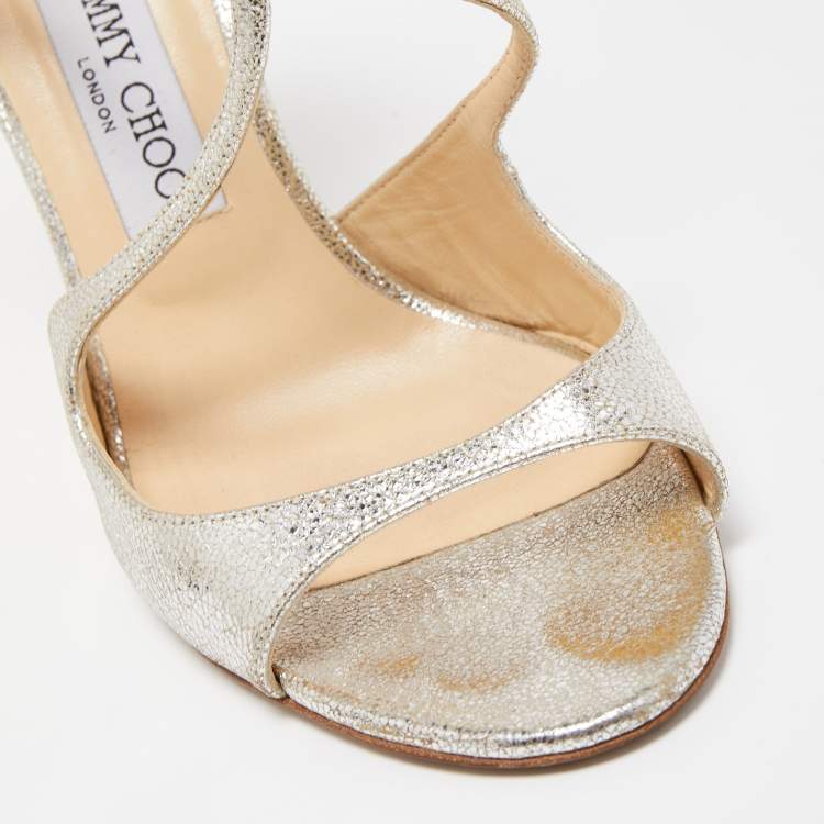 Pre Owned Jimmy Choo Silver Leather Lance  Ankle Strap Sandals Size 40