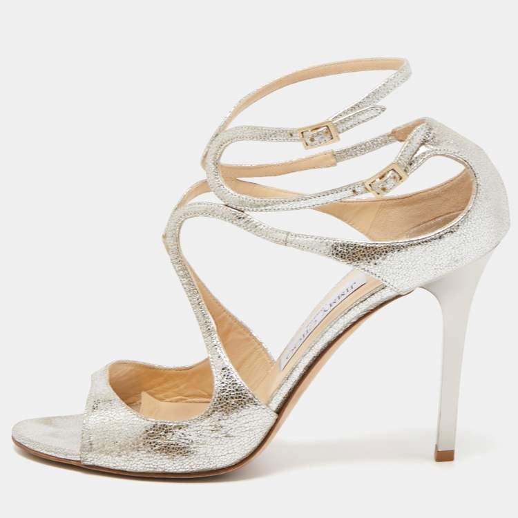 Pre Owned Jimmy Choo Silver Leather Lance  Ankle Strap Sandals Size 40
