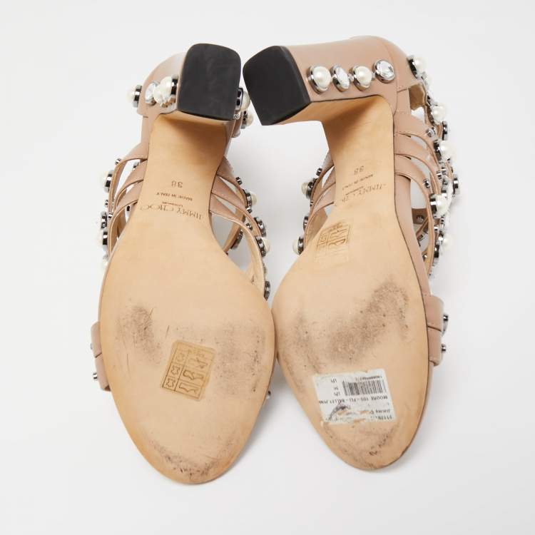 Pre Owned Jimmy Choo Beige Leather Pearl/Crystal Embellished Moore Ankle Strap Sandals Size 38