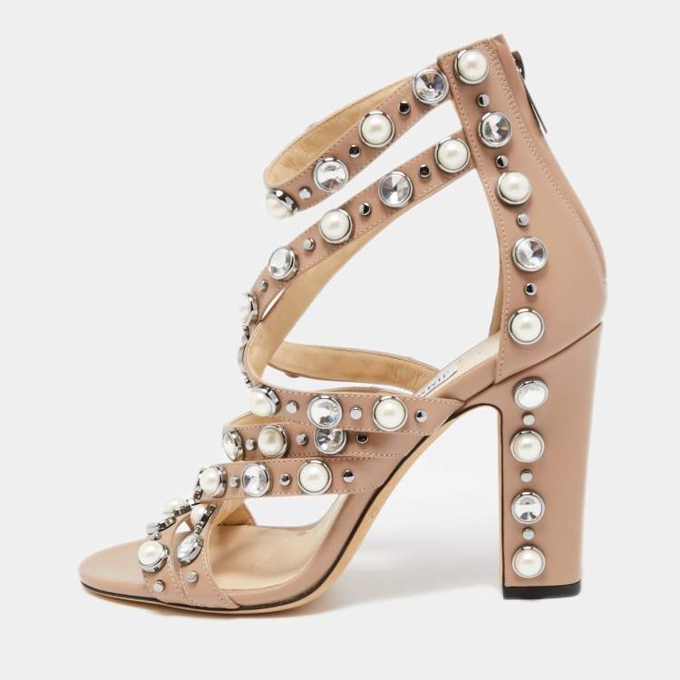 Pre Owned Jimmy Choo Beige Leather Pearl/Crystal Embellished Moore Ankle Strap Sandals Size 38