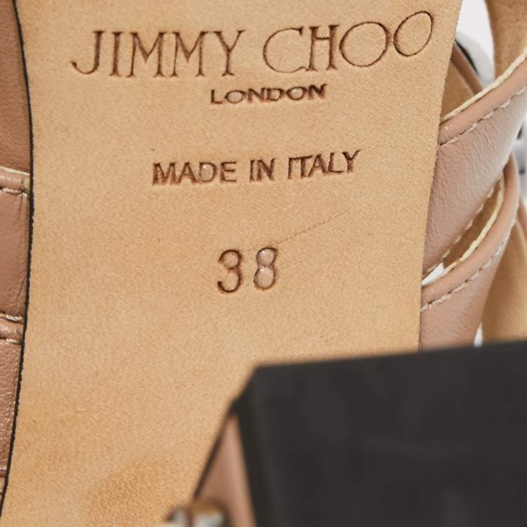Pre Owned Jimmy Choo Beige Leather Pearl/Crystal Embellished Moore Ankle Strap Sandals Size 38