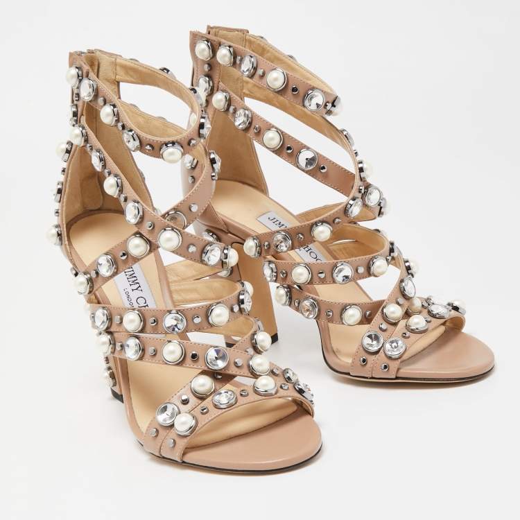 Pre Owned Jimmy Choo Beige Leather Pearl/Crystal Embellished Moore Ankle Strap Sandals Size 38