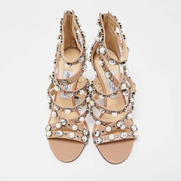 Pre Owned Jimmy Choo Beige Leather Pearl/Crystal Embellished Moore Ankle Strap Sandals Size 38